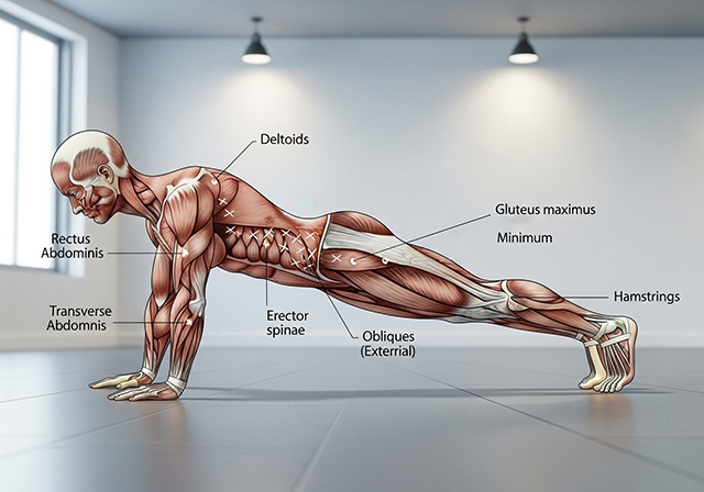 Tư thế plank cơ bản và các nhóm cơ chính được kích hoạt, minh họa sự phối hợp toàn diện của cơ thể.