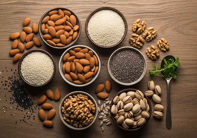 Các loại hạt giàu canxi như hạnh nhân, mè, chia, óc chó, hướng dương và dẻ cười, được sắp xếp đẹp mắt để khuyến khích việc bổ sung vào chế độ ăn uống hàng ngày.