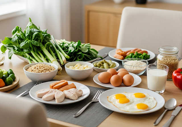 Một mâm cơm gia đình đầy đủ dinh dưỡng với rau xanh, thịt cá, trứng và sữa.