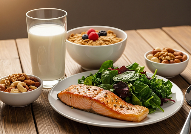 Mâm cơm với nhiều thực phẩm giàu canxi, vitamin D, protein và các khoáng chất thiết yếu, minh họa cho tầm quan trọng của dinh dưỡng trong việc hỗ trợ chiều cao.