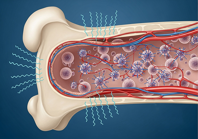 Minh họa cơ chế tác động của rung động lên xương, cho thấy sự kích thích tế bào xương và cải thiện lưu thông máu.