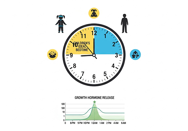 Thời gian đi ngủ lý tưởng và số giờ ngủ cần thiết cho các nhóm tuổi khác nhau, nhấn mạnh tầm quan trọng của việc ngủ sớm để tối ưu hóa sự phát triển chiều cao.