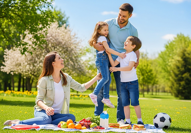 Một gia đình hạnh phúc đang chơi đùa ngoài trời, thể hiện sự kết hợp giữa di truyền, dinh dưỡng cân bằng và hoạt động thể chất để phát triển chiều cao khỏe mạnh.