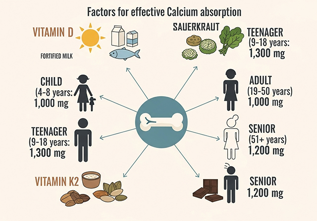 Nhu cầu canxi thay đổi theo từng lứa tuổi và cần được hỗ trợ bởi các yếu tố hấp thụ khác như Vitamin D.