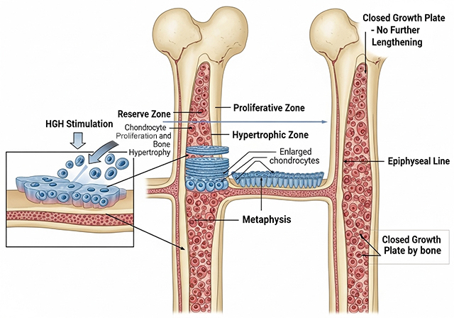 Sự phát triển của xương và sụn là yếu tố quyết định chiều cao, chịu ảnh hưởng trực tiếp từ hormone tăng trưởng.