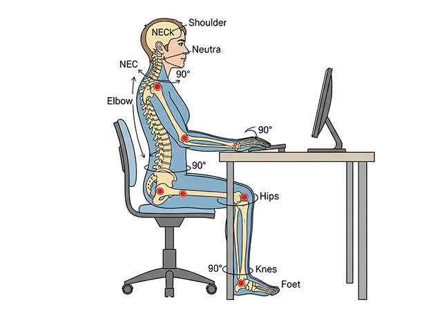 Tư thế ngồi đúng chuẩn, từ vị trí đầu, vai, lưng đến chân và bàn chân, giúp người đọc dễ hình dung và áp dụng.